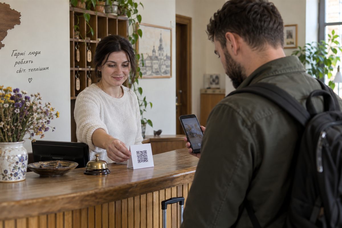 Гість сканує QR-код на картці біля рецепції невеликого готелю.