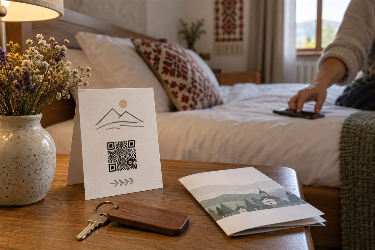 Картка з QR-кодом лежить на тумбі у звичайному готельному номері.