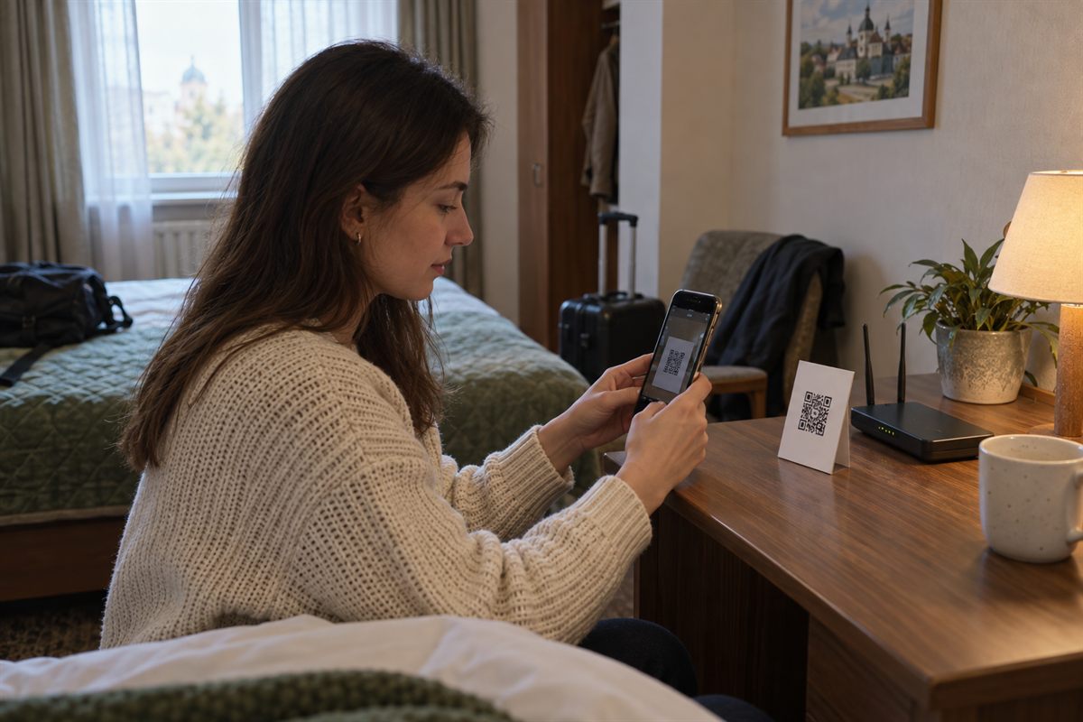 Гостя сканує QR-код Wi-Fi з картки на столику в номері готелю.